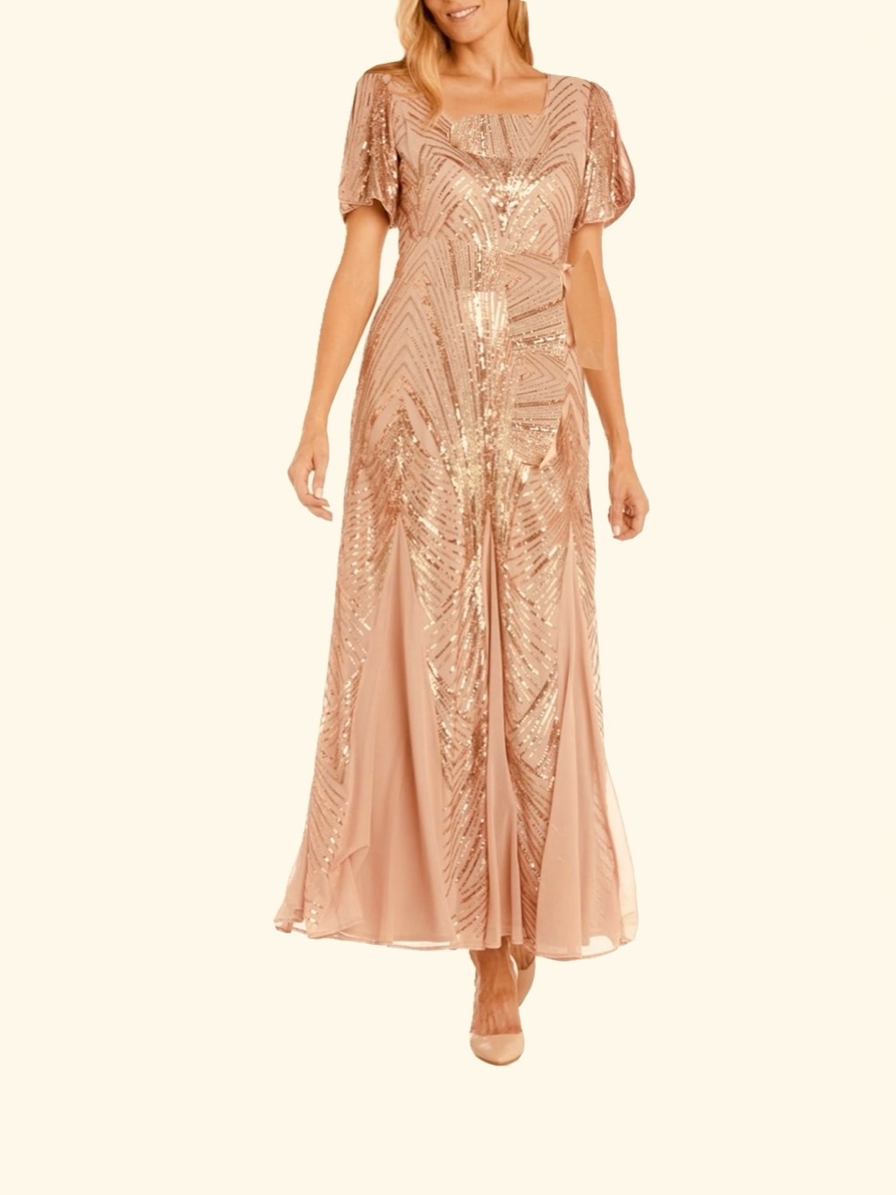 Elegant Gold Sequin Evening Gown -round Neck, Short Sleeves